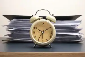 A beige alarm clock is placed in front of a large stack of documents and folders on a desk.