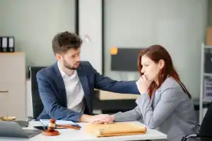 A man in a suit consoles a thoughtful woman in an office setting with legal documents, a gavel, and scales of justice on the table.