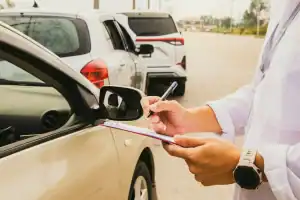 A person in a white coat writes on a clipboard beside a row of parked cars on a road.