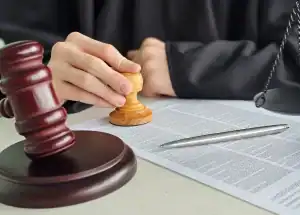 A person in a judge's robe stamps a legal document on a desk with a gavel, a pen, and a scale of justice nearby.