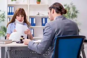 A woman wearing a neck brace sits across from a man in a suit with a gavel, reviewing documents in an office setting.