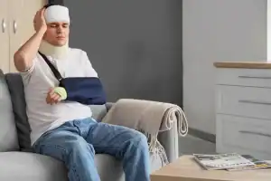 A man with a bandaged head, neck brace, and arm sling sits on a sofa, appearing to be in pain and holding his head with one hand.