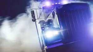 A large truck with headlights on drives through dense smoke at night, illuminated by blue and purple lights.