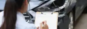 A person holding a clipboard inspects and takes notes in front of a damaged car.